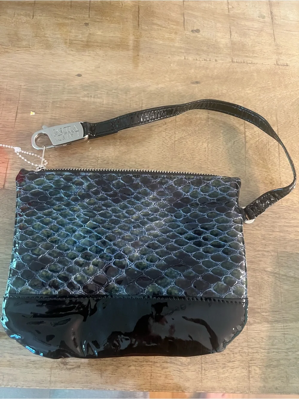 Custom wristlet purse by Laudi Vidni, Black Patent & Iridescent Snake-Print